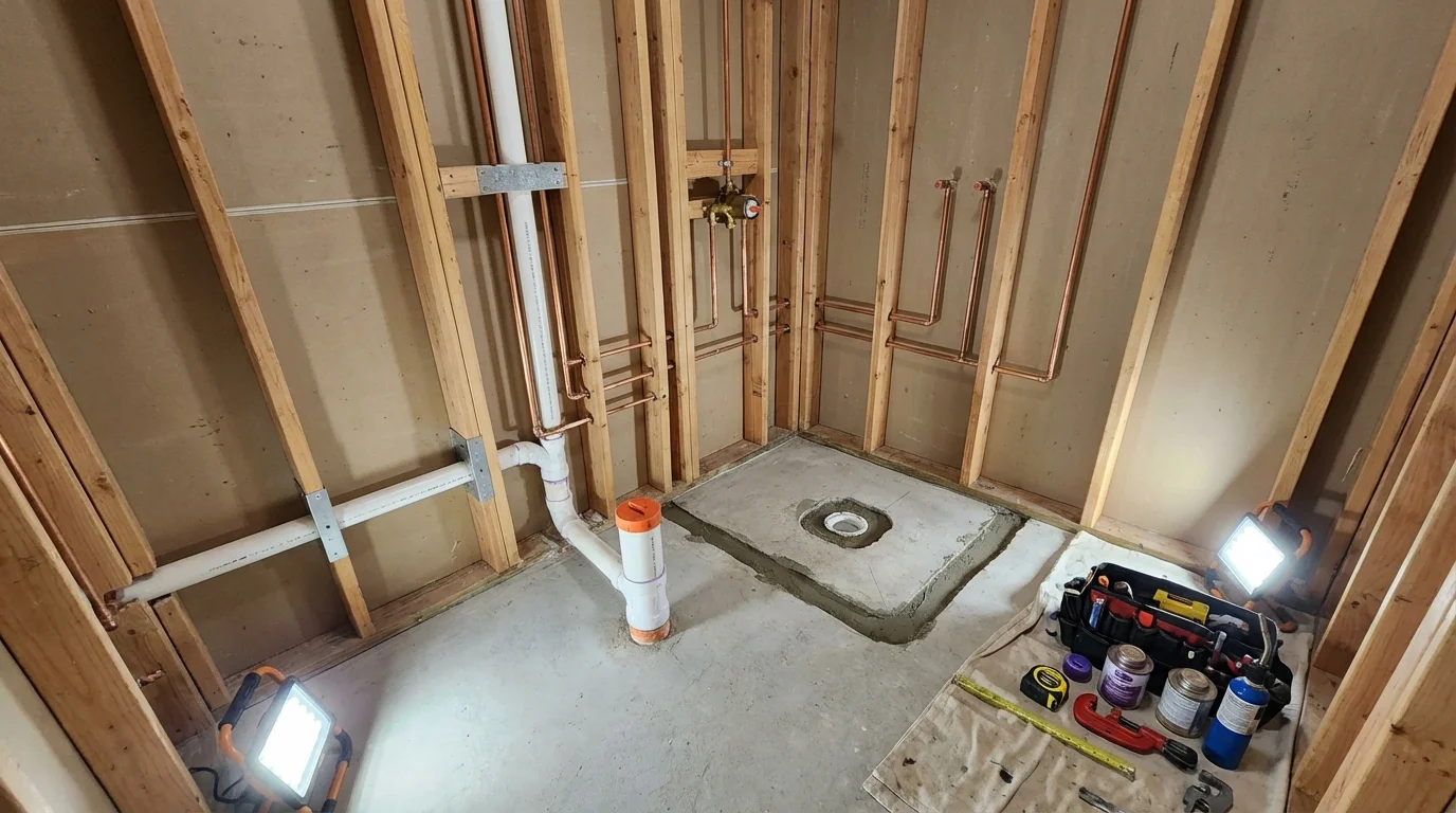 Bathroom rough-in plumbing during remodel by Johns Plumbing LLC in Palenville
