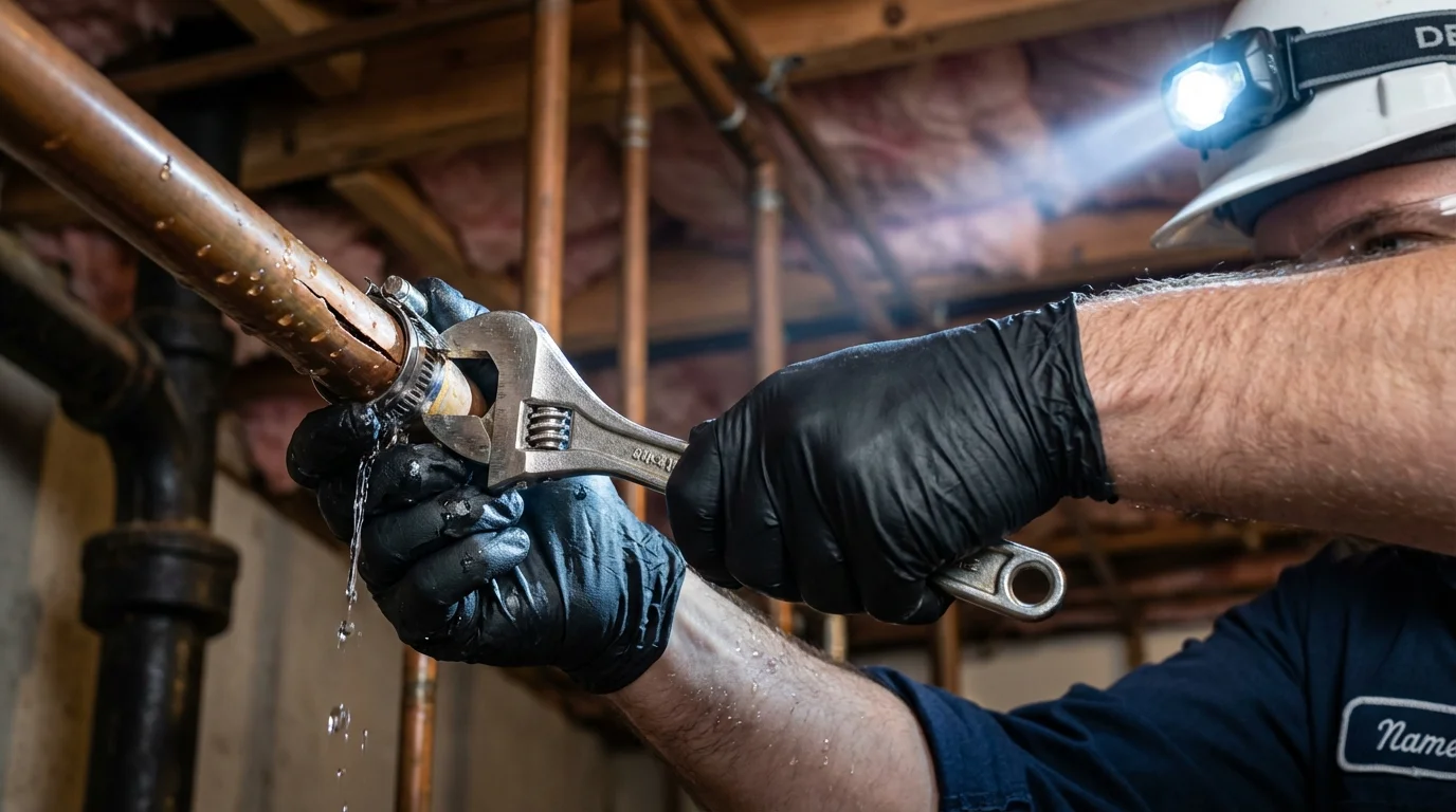 Emergency pipe clamp repair being performed by a Johns Plumbing LLC plumber in Palenville