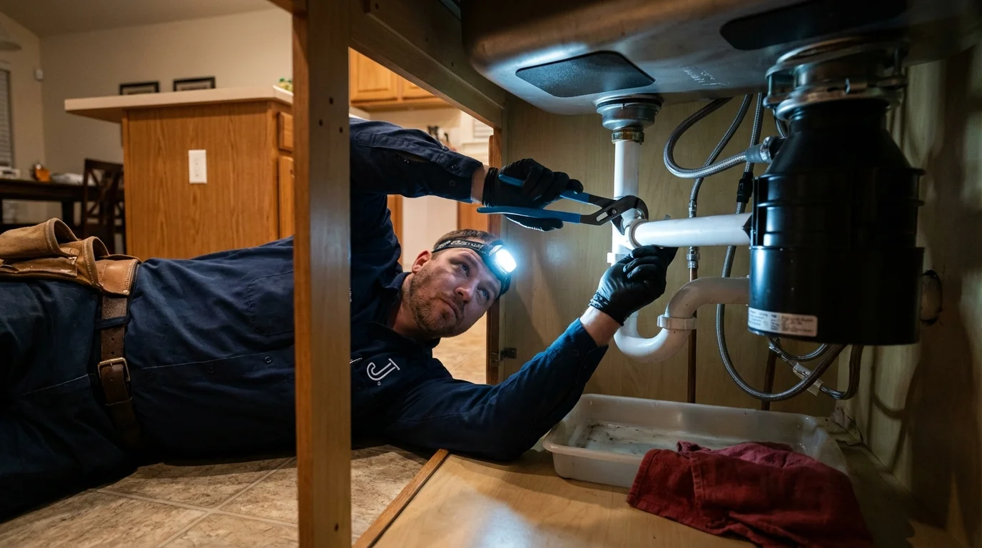 P-trap and supply line connections under a kitchen sink showing a common leak point in Palenville, NY